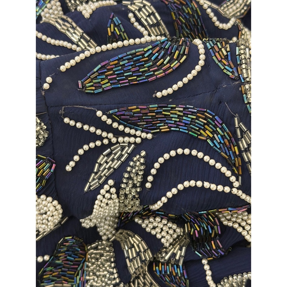 Vinnie Womens Navy Blue Silk Beaded Floral Evening Jacket Duster Size L Vintage - Picture 4 of 7